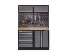 Werkbank mit Hartholzplatte, Hängeschrank, Werkzeugschrank mit 5 Schubladen und Werkstattschrank aus Metall - 136 cm