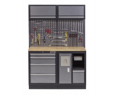 Werkbank mit Hartholzplatte, Hängeschrank, Werkzeugschrank mit 4 Schubladen und Mülleimer- 136 cm