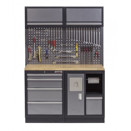 Werkbank mit Hartholzplatte, Hängeschrank, Werkzeugschrank mit 4 Schubladen und Mülleimer- 136 cm