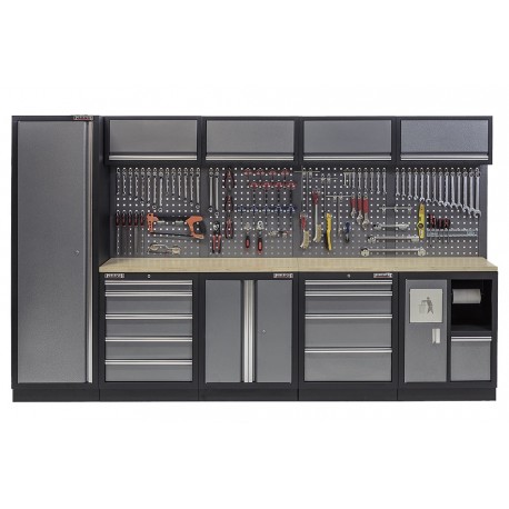 Werkbank mit Hartholzplatte, Lochwand mit Hängeschrank, Werkzeugschrank mit 9 Schubladen und Werkstattschrank - 332 cm