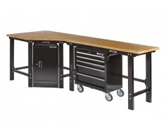 Übereck Werkbank 260cm schwarz mit Hartholzplatte + Werkstattschrank + Werkstattwagen 5 Schubladen - Werkbank Set