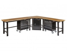 Übereck Werkbank 310 cm x 260 cm schwarz mit Hartholzplatte + Werkstattschrank + 2 x Werkstattwagen 5 Schubladen 