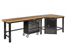Übereck Werkbank 310 cm schwarz mit Hartholzplatte + Werkstattschrank + Werkstattwagen 5 Schubladen - Werkbank Set