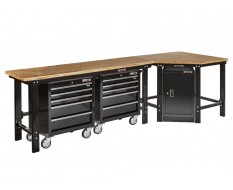 Übereck Werkbank 310 cm schwarz mit Hartholzplatte + Werkstattschrank + 2 x Werkstattwagen 5 Schubladen - Werkbank Set