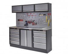 Werkstatt Set mit Metallarbeitsplatte, Werkzeugschrank, Lochwand, 3 x Hängeschrank - 9 Schubladen - 204 x 46 x 94,6 cm