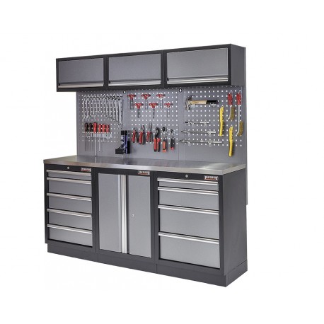 Werkstatt Set mit Metallarbeitsplatte, Werkzeugschrank, Lochwand, 3 x Hängeschrank - 9 Schubladen - 204 x 46 x 94,6 cm