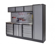 Werkstatt Set mit Metallarbeitsplatte, Hoher Werkzeugschrank, Lochwand, 3 x Hängeschrank - 9 Schubladen - 204 x 46 x 94,6 cm