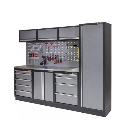 Werkstatt Set mit Metallarbeitsplatte, Hoher Werkzeugschrank, Lochwand, 3 x Hängeschrank - 9 Schubladen - 204 x 46 x 94,6 cm